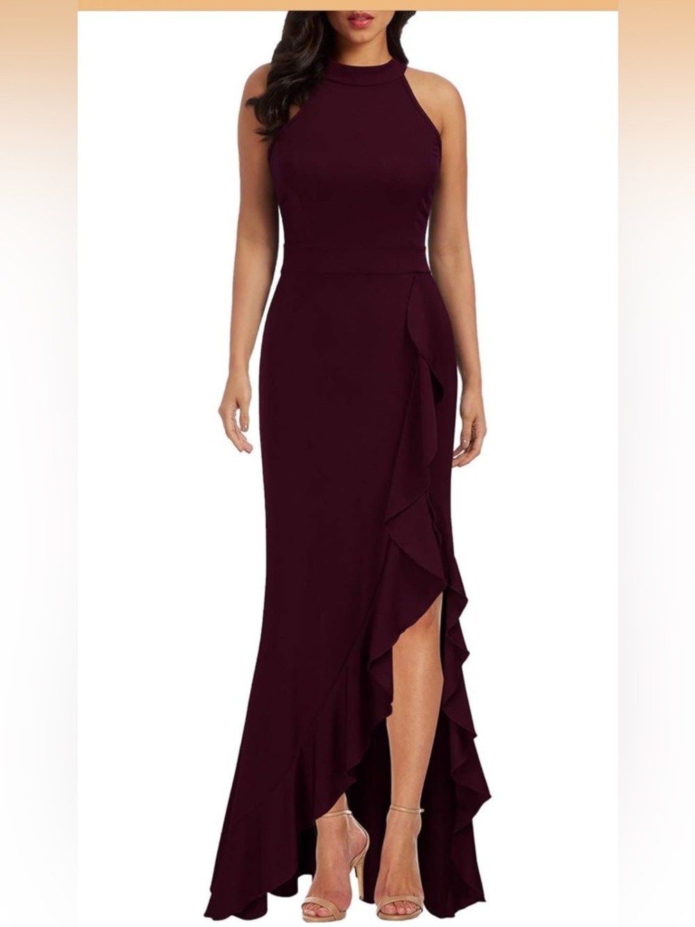 Sleeveless High-Neck High-Low Ruffle Gown in Burgundy